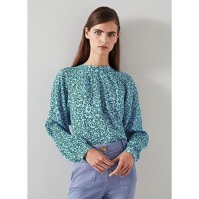 Edeline Blue and Green Heart Print Silk Top, Green Blue