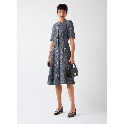 Suzie Indigo & Black & Cream Cotton Blend Tweed Button Through Dress, Indigo