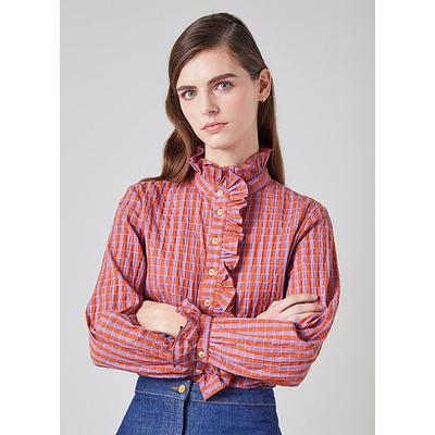 Camille Purple And Orange Gingham Cotton-Blend Blouse, Orange