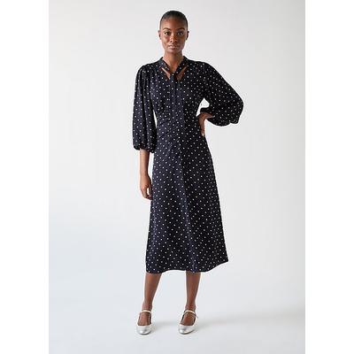 Hester Blue & Navy Viscose Spot Tie Neck Gather Front Dress, Navy Ivory