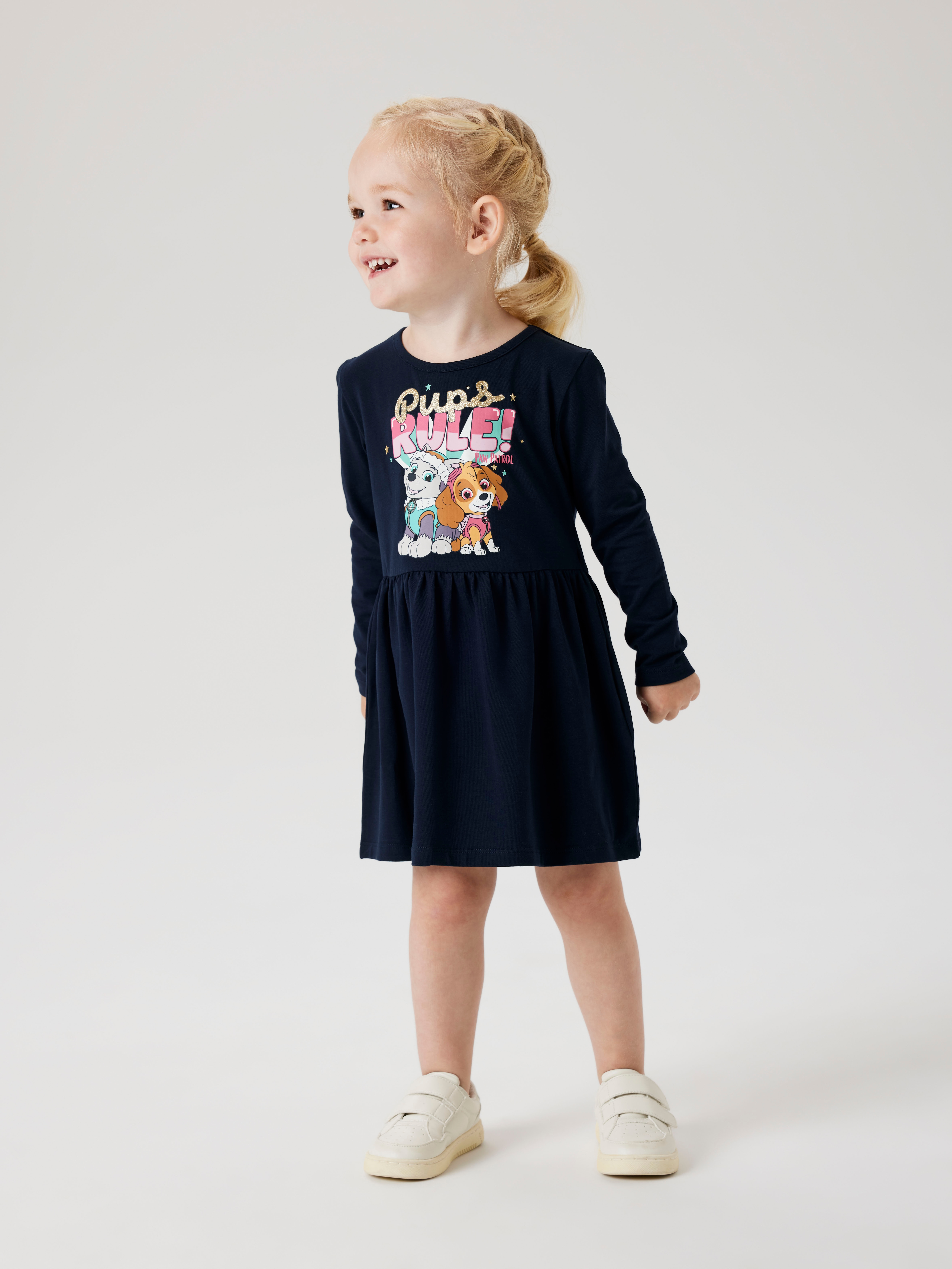 Midikleid NAME IT "NMFDYMA PAWPATROL LS DRESS NOOS CPLG", Mädchen, Gr. 98, N-Gr, blau (schwarz sapphire), Jersey, Obermaterial: 95% Baumwolle, 5% Elasthan, bedruckt, regular fit knielang, Rundhals, Kleider Image