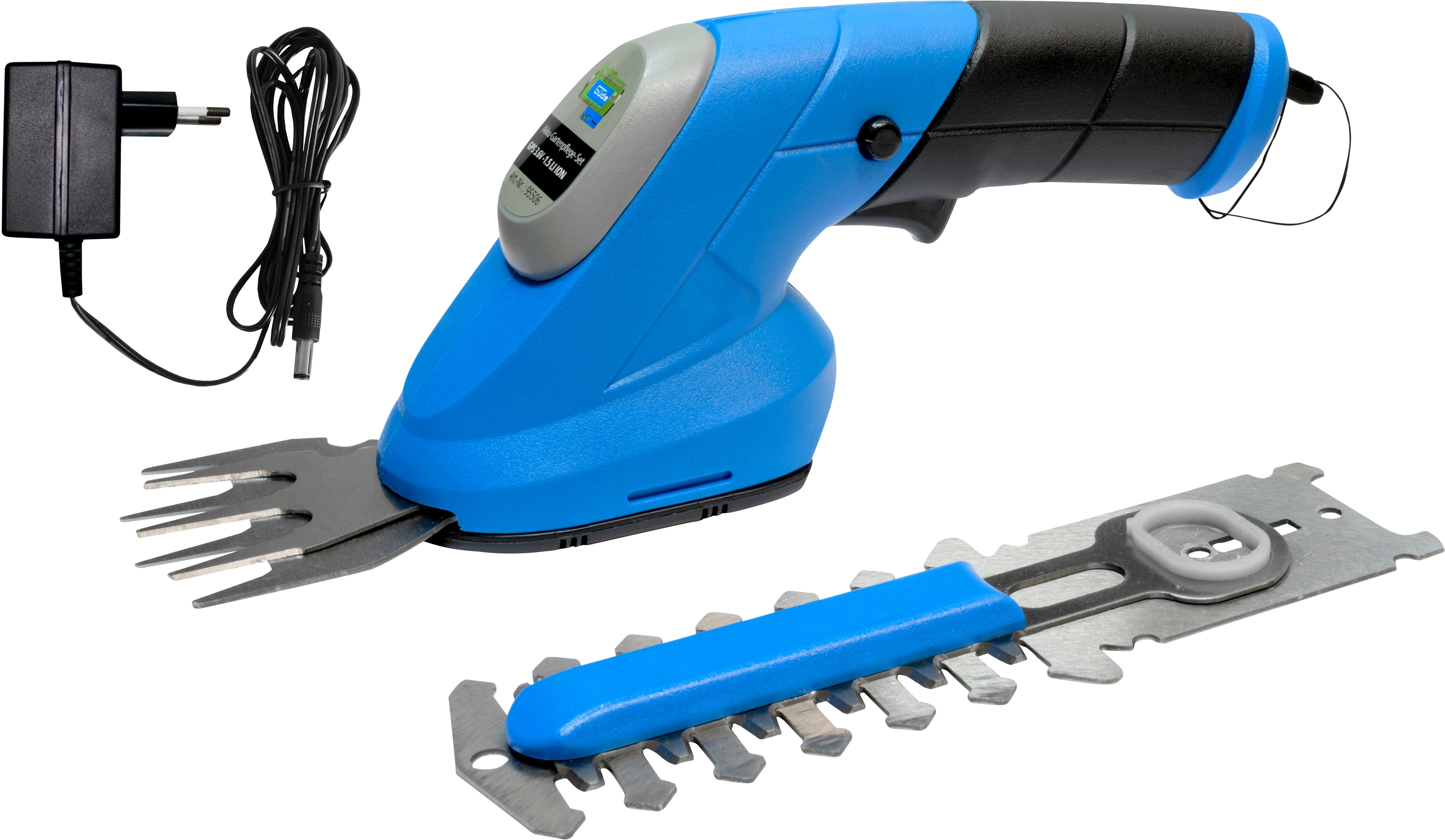 Gartenpflege-Set GÜDE "Gras- und Strauchschere GPS 3,6V-1.5 LI-ION", blau, B:8cm H:11cm L:37cm, Gartenpflege-Sets, inkl. Akku und Ladegerät