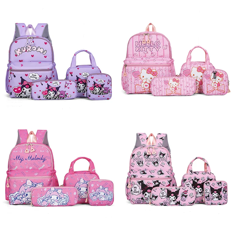 4-teiliges Schultaschen-Set für Grundschüler, Cartoon-gedruckt, Hello Kitty Kuromi Junior High School Rucksack mit Stifttasche