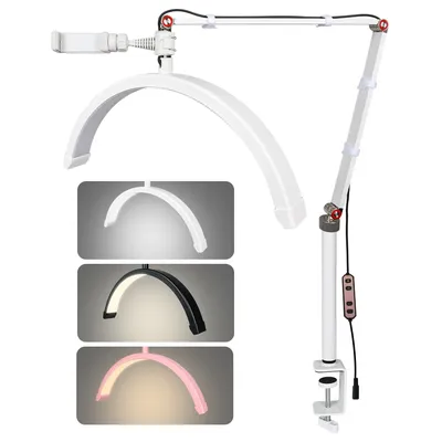 Half Moon Light 16in Lash Light with Phone Holder LED Desk Lamp with Clamp Dimmable 3 Light Modes Lash Tech Light for Nail