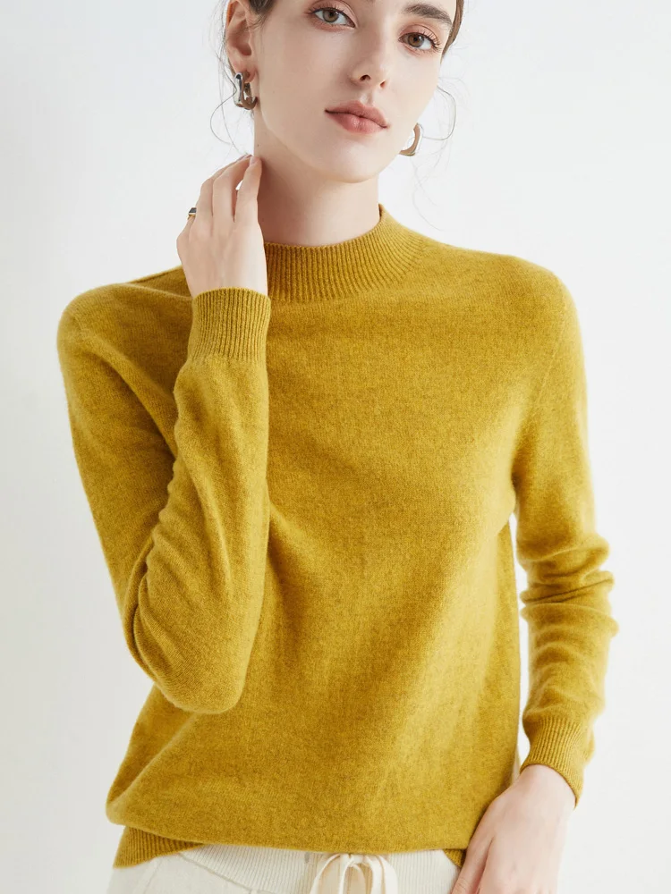 Women's Sweaters Pullovers 100% Merino Wool Knitwear Mock Neck Basic Casual Cashmere Autumn Winter Comfortable Clothing Tops New