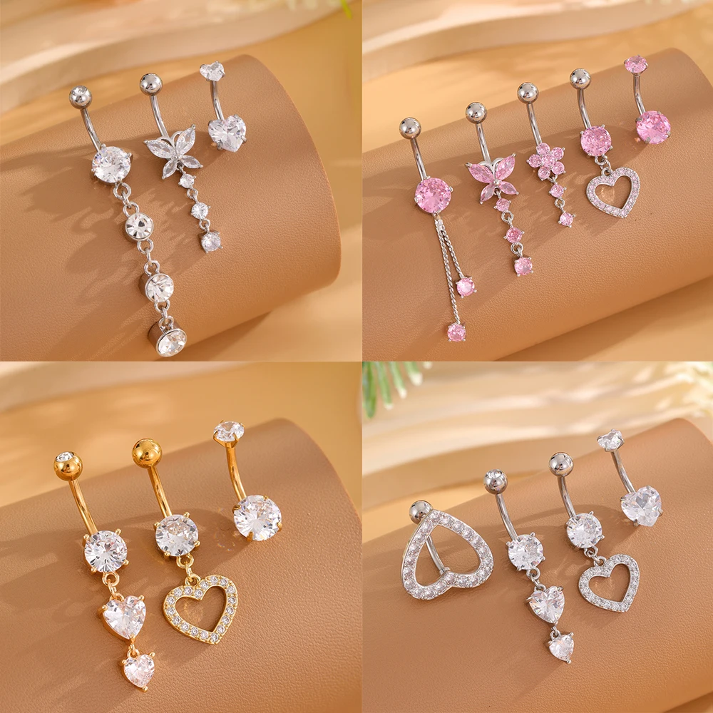 3-5 Stück gemischte Stil-Sets Herz Blume baumeln Bauchnabelringe Edelstahl Schmetterling gebogen Zirkon Bauchnabelpiercing Nabelring Image