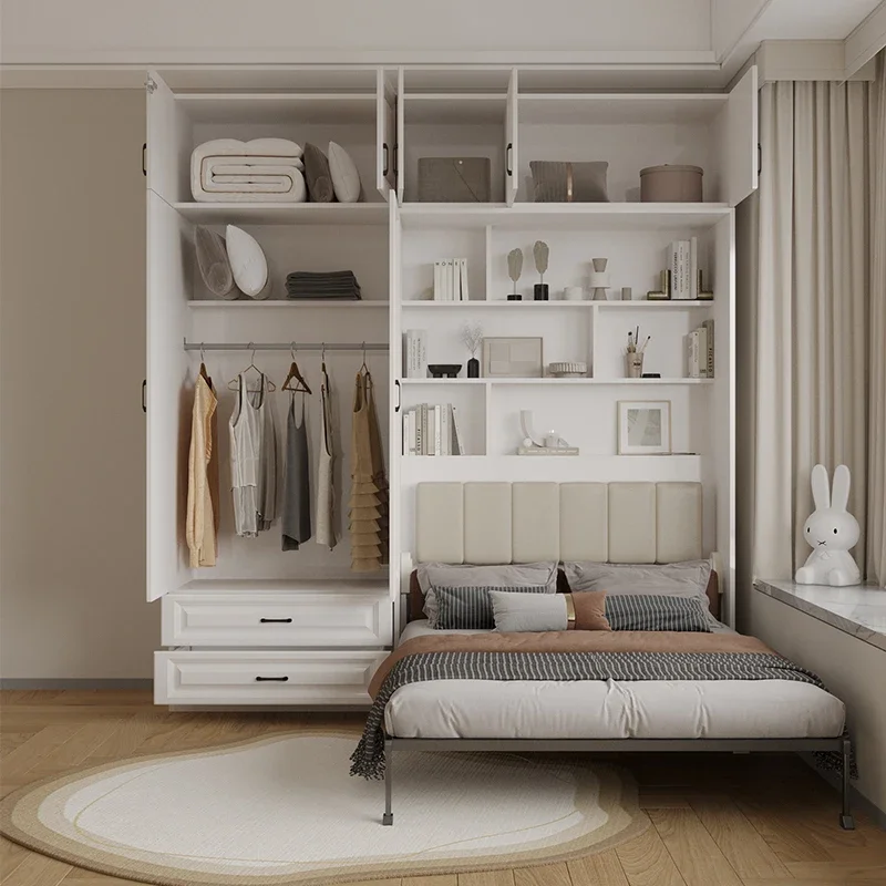 Vollständiges Schrankbett mit Schrank-Organizer und Schubladen. Bett in voller Größe. Platzsparendes Schlafarordnung für Mehrzweckbett Image