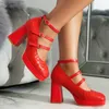 Plaid rot rosa geschlossene Zehen Frühling Damenschuhe Block High Heels Frauen Pumps Bg Größe 46 47