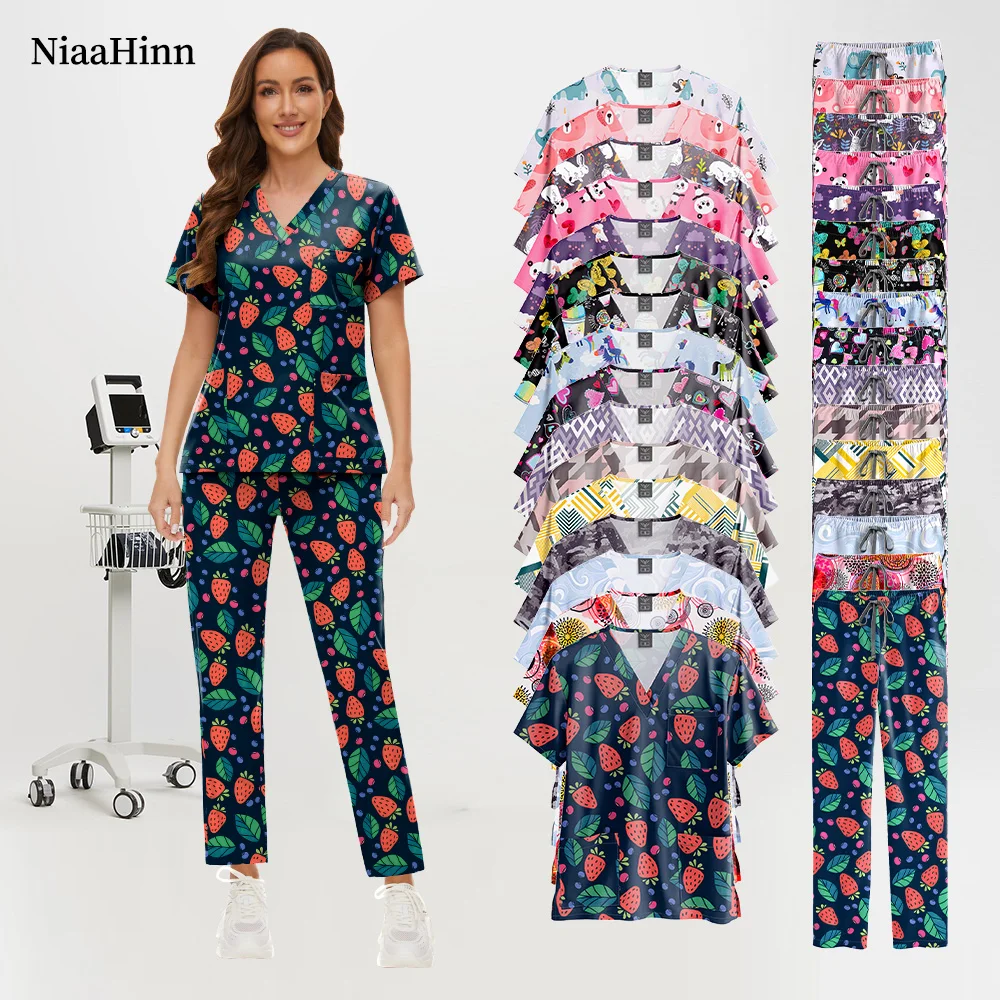 Bedrucktes Haustierpflege-Arzt-Arbeitskleidungsset für Krankenschwestern, medizinische Uniform, OP-Saal, chirurgische Arbeitskleidung, kurzärmeliges, elastisches Tierarzt-Set Image