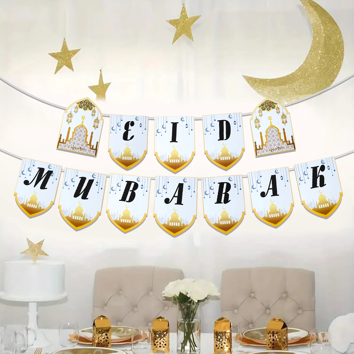 Eid Mubarak-Papierbanner, Ramadan-Mubarak-Banner, Kareem, Ramadan-Dekoration, 2025, für Zuhause, islamische muslimische Party-Dekoration, Eid Al Adha Image