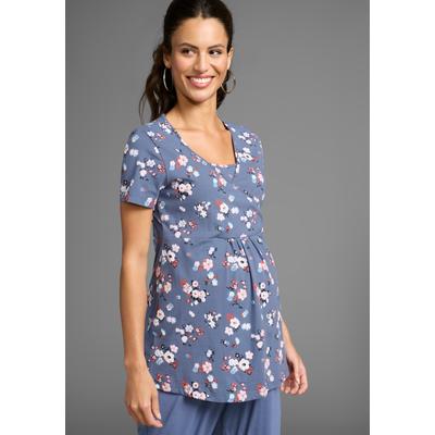 Umstandsshirt NEUN MONATE "Schwangerschafts- und Stillshirt in Wickeloptik", Damen, Gr. 40/42, blau (blau geblümt), Jersey, Obermaterial: 95% Baumwolle, 5% Elasthan, bedruckt, geblümt, modisch, V-Ausschnitt, Kurzarm, Shirts, Wickelshirt für...