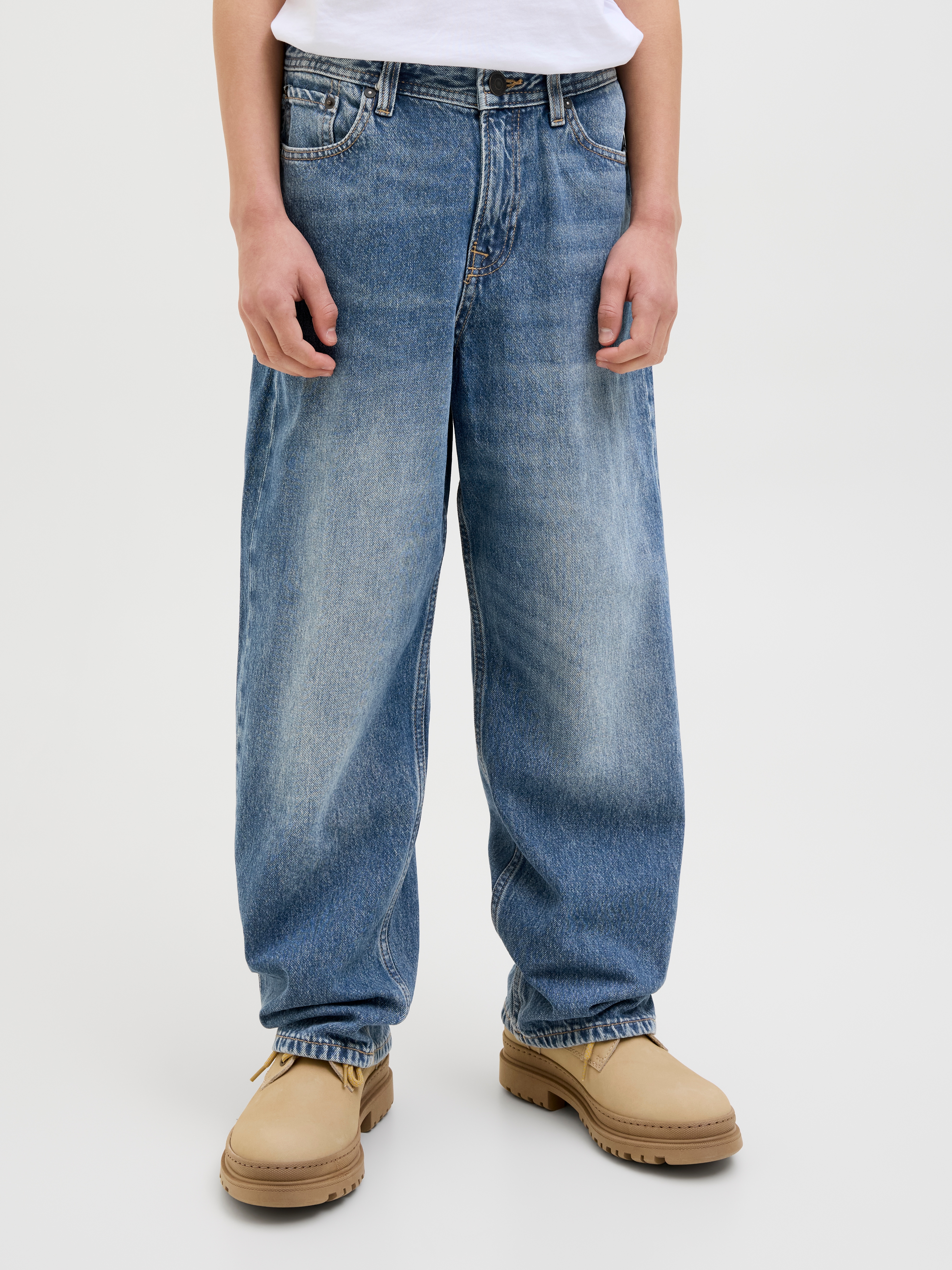Relax-fit-Jeans JACK & JONES JUNIOR "JJIALEX JJORIGINAL AKM 061 NOOS JNR", Jungen, Gr. 140, N-Gr, blau (blau denim), Denim/Jeans, Obermaterial: 100% Baumwolle, Abriebeffekte, relaxed fit knöchellang, Jeans Image
