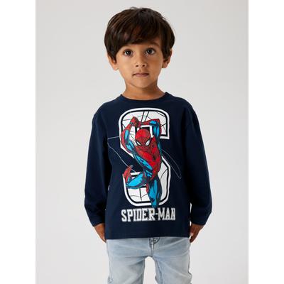 Langarmshirt NAME IT "NMMNITIN SPIDER NREG LS TOP NOOS MAR", Jungen, Gr. 92, blau (schwarz sapphire), Jersey, Obermaterial: 95% Baumwolle, 5% Elasthan, bedruckt, casual, normal hüftlang, Rundhals, Langarm abgesteppte Kante, Shirts, mit großem... Image