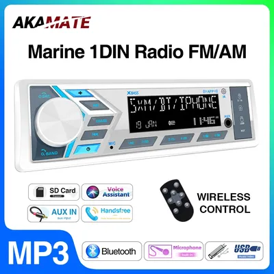AKAMATE 1Din Boat Radio for RV ATV UTV SPA RZR Marine Media Stereo Player Bluetooth AUX USB with