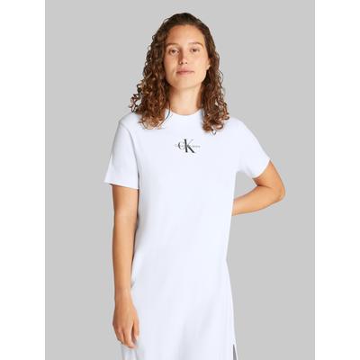 Midikleid CALVIN KLEIN JEANS "MONOLOGO LONG RIB TEE DRESS", Damen, Gr. S (36), N-Gr, weiß (brilliant weiß), Jersey, Obermaterial: 94% Baumwolle, 6% Elasthan, unifarben, Basic, figurbetont Midi, Rundhals, Kurzarm abgesteppt, Kleider, mit Logo Image