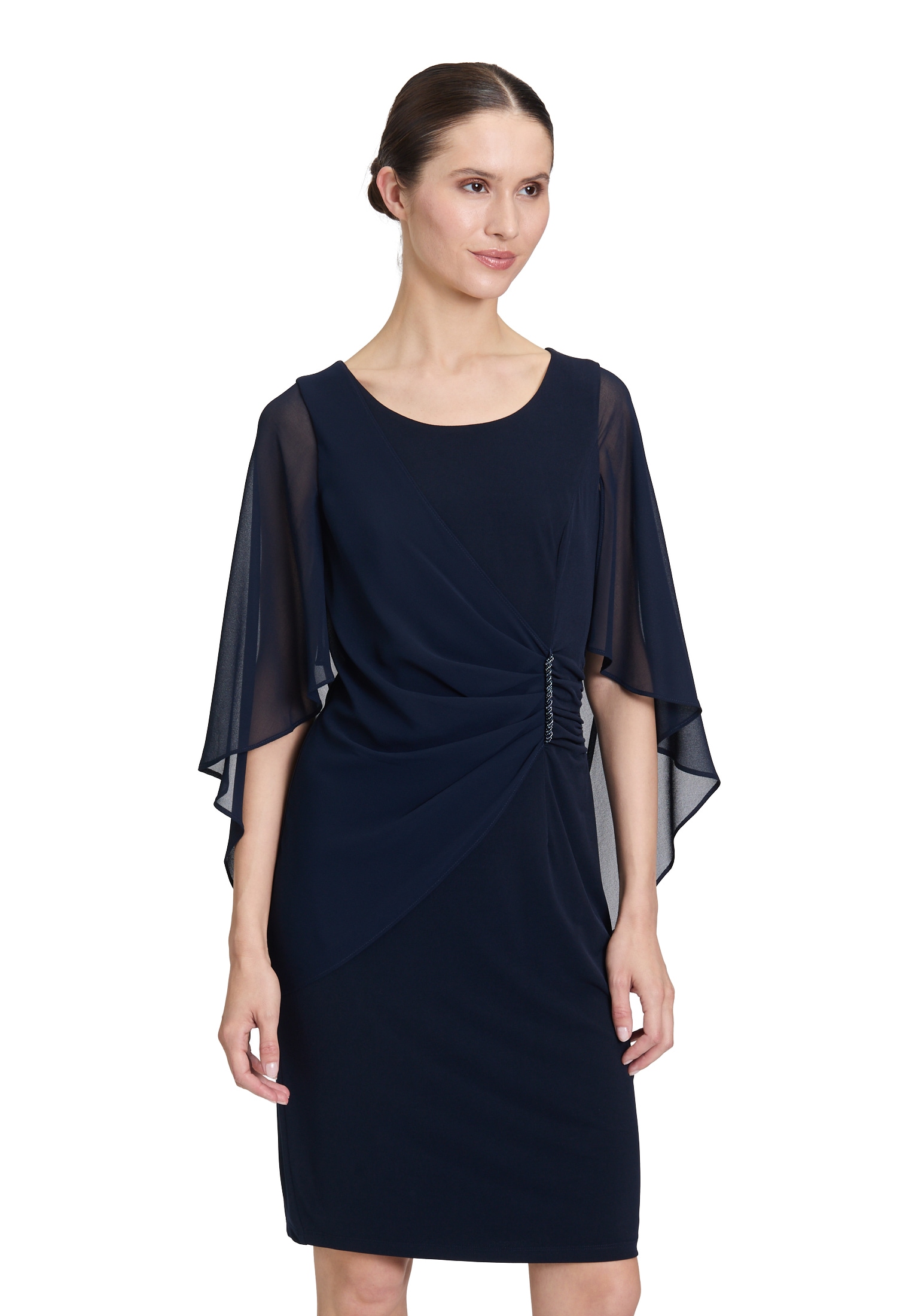 Cocktailkleid VERA MONT "Damen Cocktailkleid mit Raffung", Damen, Gr. 38, Normalgrößen, blau (night sky), Obermaterial: 95% Polyester, 5% Elasthan. Besatz: 100% Polyester. Futter: 100% Polyester., figurbetont kurz, Rundhals, Kleider, Materialmix Image
