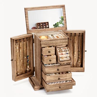 TEMU 1pc Multi-layer Jewelry Wooden Storage Box With Mirror, Ear Stud Earring Storage Container, Portable Storage And Organization For Desk, Dresser, Vanity, Office, Bedroom, Bathroom Image