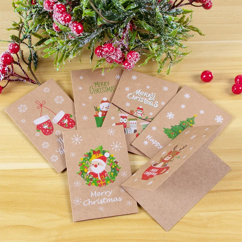 6/12 stücke frohe weihnachts grußkarten vintage kraft einladung karte mit umschlag/aufkleber santa claus weihnachts baum weihnachts postkarte Image
