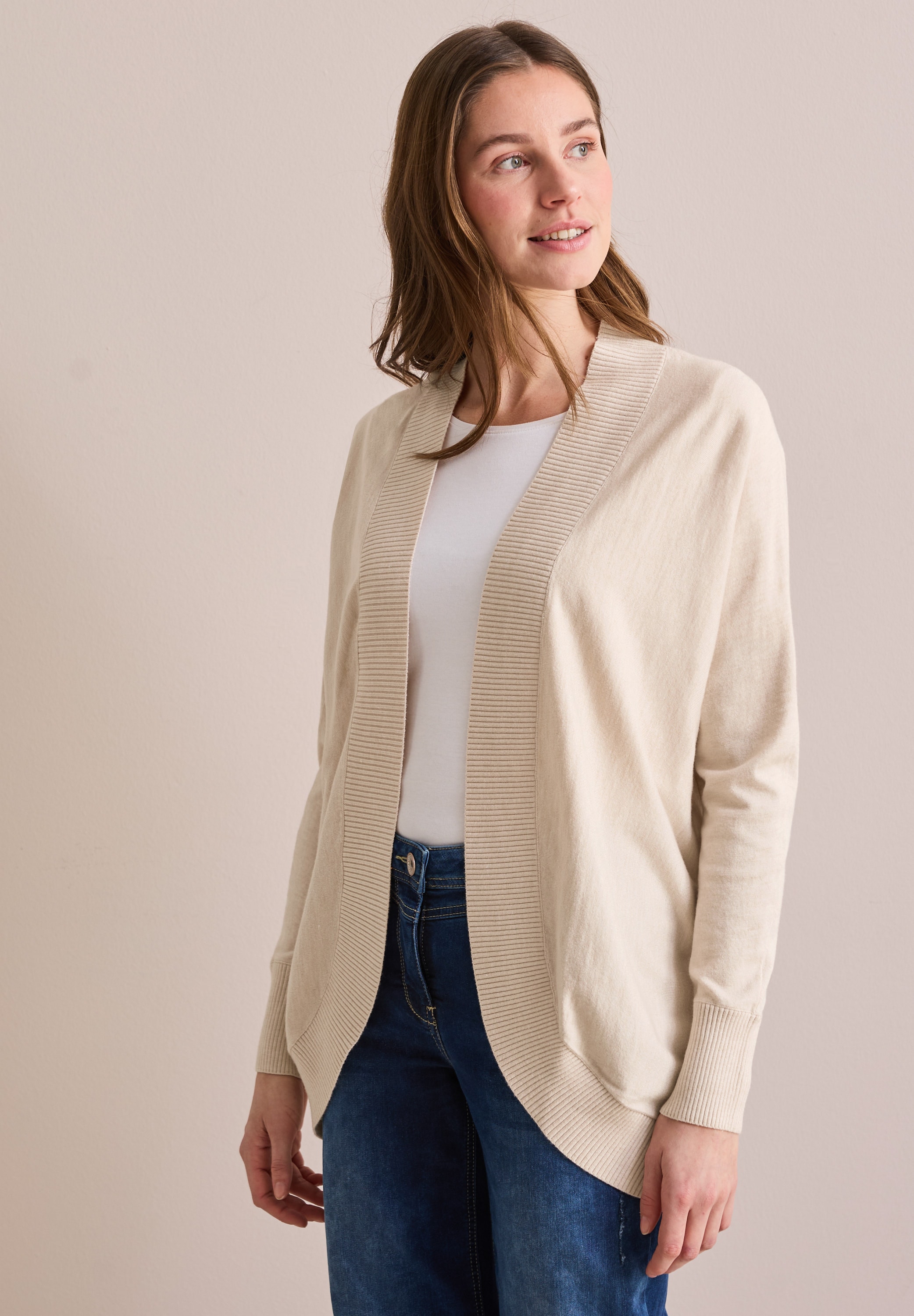 Cardigan CECIL, Damen, Gr. M (40), beige (pearl beige melange), Stoff, 50% Viskose, 28% Polyester, 22% Nylon, unifarben, normal lang, ohne Ausschnitt, Bündchen, Strickjacken, Feinstrick