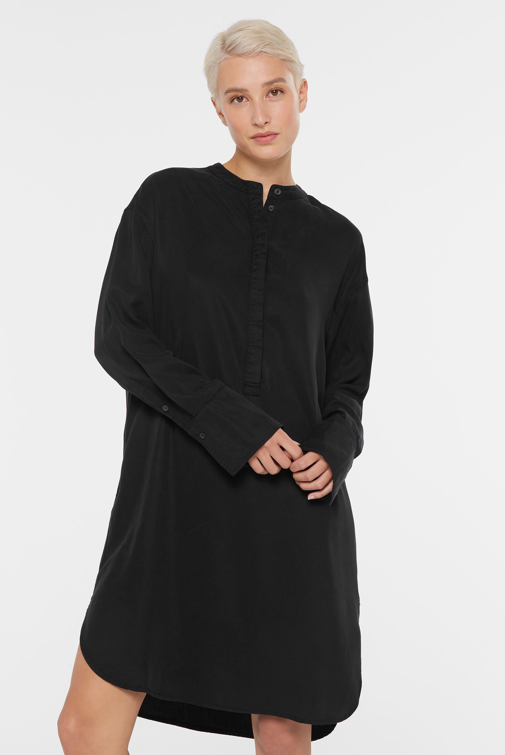 Sommerkleid SENSES.THE LABEL, Damen, Gr. XXL, US-Größen, schwarz, Material: 100% Lyocell, unifarben, regular fit Midi, hoch geschlossener Ausschnitt, Ärmel mit Ärmelschlitz Manschette, Kleider, mit abgerundetem Saum Image