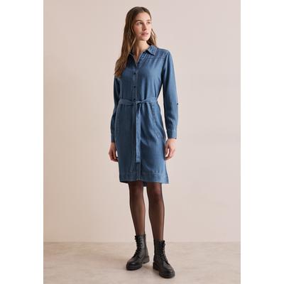 Jeanskleid CECIL, Damen, Gr. XXL (46), US-Größen, blau (mid blau wash), Stoff, 100% Lyocell, unifarben, casual, gerade knielang, V-Ausschnitt, Langarm Bündchen, Kleider, mit Knopfleiste Image