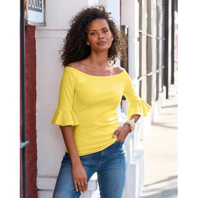 Boston Proper - Lemon Drop Yellow - So Essential Rib Boatneck Flare Sleeve Top - Small