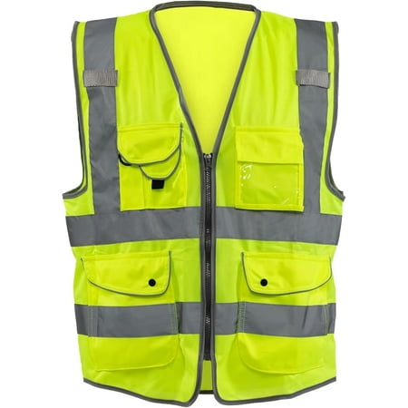 NEIKO Safety Vest with Pockets 9 Pocket High Visibility Vest Reflective Strips Zipper Front Reflective Vest For Men & Women Work Vest Security Vest Hi Vis Neon Yellow Vest 4XL 54056A