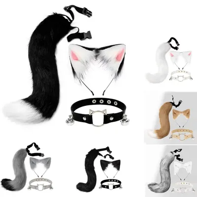 Halloween Party Dress Up Fluffy Cute Cat Ears Headband Furry Ears Hair Hoop Necklace Tail Set