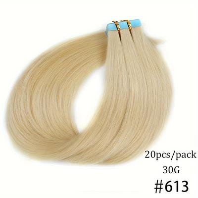 TEMU Human Hair Extensions, 16-26 Inch, Straight, #613 - Seamless Tape, Natural & Extensions For Women, Pack - Long- & Comfortable Image