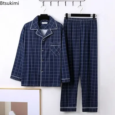 Nachtwäsche aus 100 % Baumwolle für Herren, Frühlings- und Herbst-Pyjama-Sets, klassisch, kariert, Image