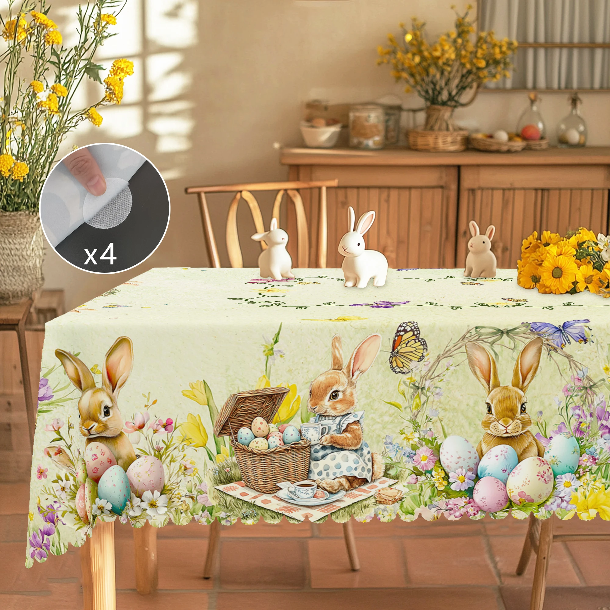 1 runde Oster-Tischdecke, 5 Größen erhältlich, quadratische Tischdecke mit Tulpen-Osterhasen-Ei-Garten-Motiv, Kantenprägungsprozess, Frühlings-Garten-Tischdecke-Dekoration, Tischdecke für die tägliche Image