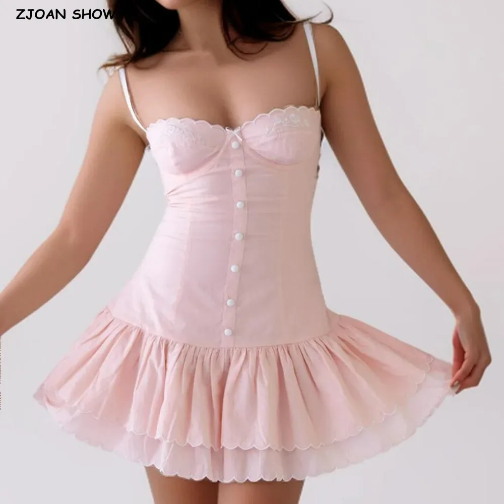 2025 Rosa Stickerei Blumen BH Korsett Stil Sling Kleid Frauen Kreuz Schnürung hinten 2 Schichten Saum Party Skater Minikleider Robe Image