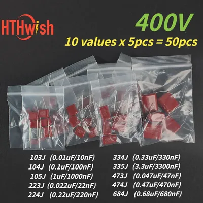 50 Stück 400 V CBB-Kondensator-Set P7,5 mm P15 mm 103J 104J 105J 223J 224J Image