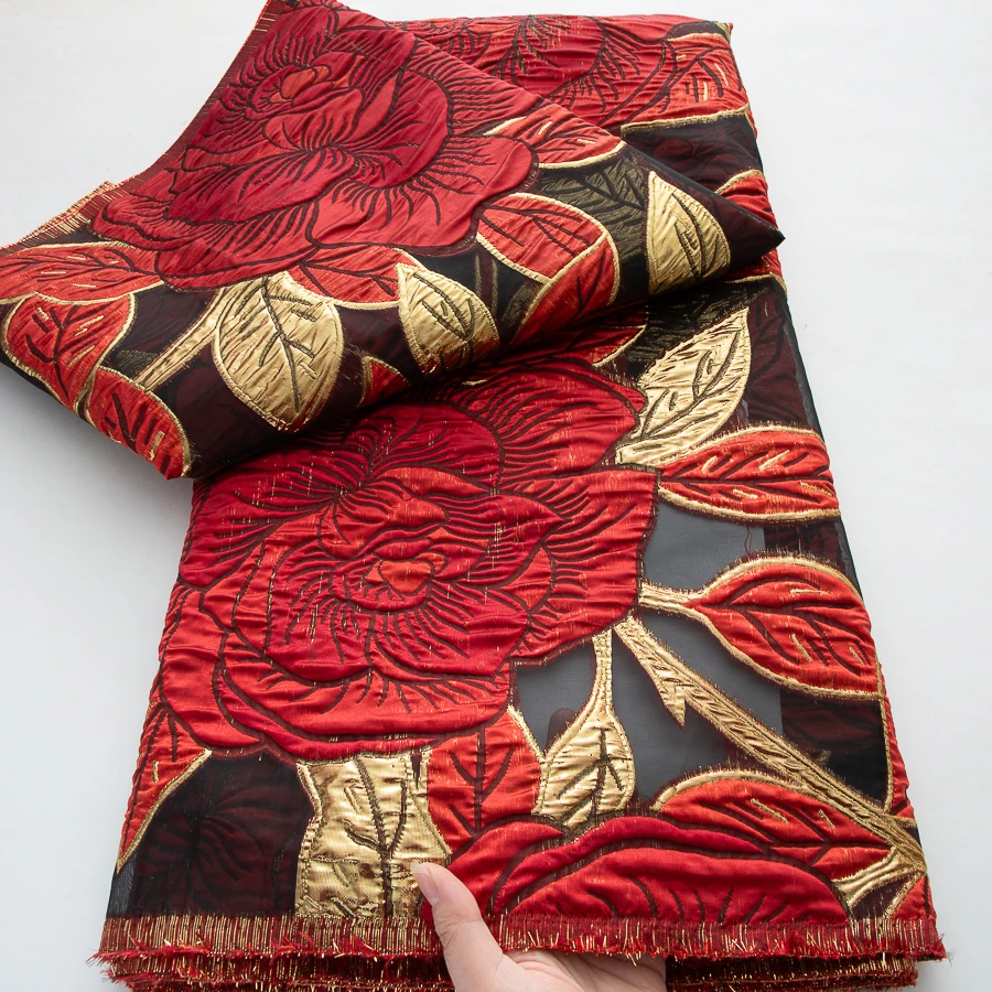 Tessuto di pizzo broccato francese 2025 di alta qualità 5 metri tessuto di pizzo jacquard dorato africano abito da festa nigeriano foe donne A4225