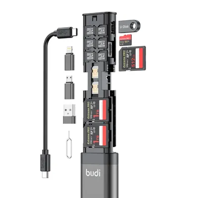 BUDI Multi Function Smart Adapter Data Wire Rod SIM KIT TF Card Memory Reader Storage Case Phone