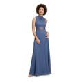 Abendkleid VERA MONT "Vera Mont Damen Abendkleid rückenfrei", Damen, Gr. 32, Normalgrößen, blau (blau stone), Chiffon, Obermaterial: 100% Polyester recycelt., festlich, ausgestellt lang, gekräuselter Ausschnitt, ohne Ärmel, Kleider, Aufgesteppte Bänder