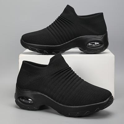 TEMU Women's Breathable Slip-on Low Top Casual Walking Sneakers - Lightweight Black Knit Fabric, Eva Sole, Image