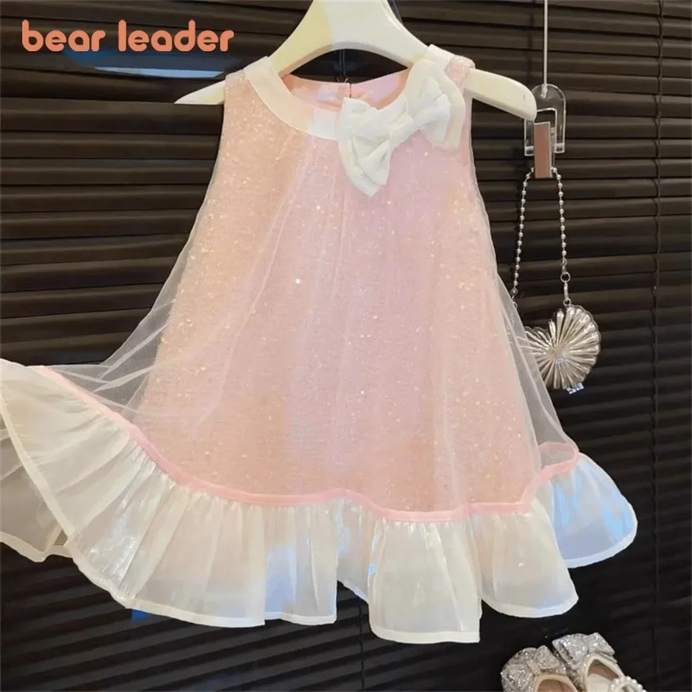 Bär Führer Bogen Dekoration Rosa Mädchen Kleid Sommer Neue Ärmellose Mesh Pailletten Prinzessin Kleider Geburtstag Party Kinder Kleidung Image