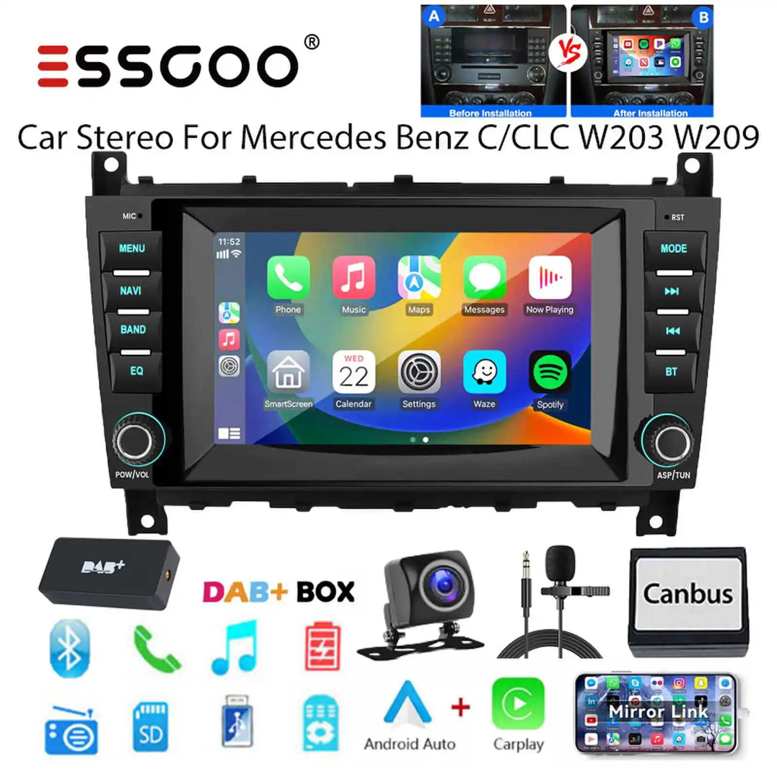 ESSGOO 2+32G Bluetooth Android 15 Autoradio mit Wireless CarPlay, Android Auto, RDS, GPS Navi, Kamera für Mercedes Benz C/CLC Klasse W203, W209. Moderne Multimedia-Lösung für Ihr Fahrzeug. Image