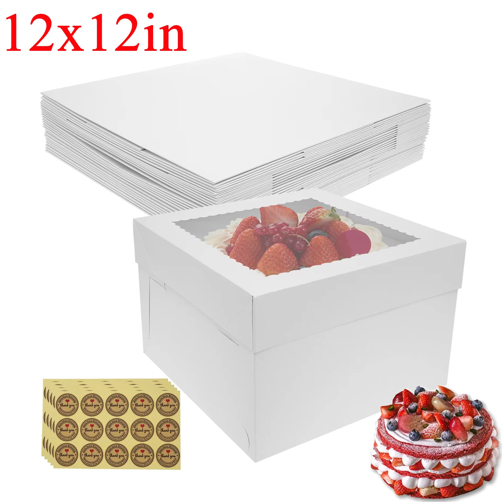 Scatole da forno bianche da 10 pezzi con finestra, 12 x 12 x 8 pollici, scatole per torte pieghevoli, scatole per dolcetti per biscotti, pasticceria, macarons, bomboniere