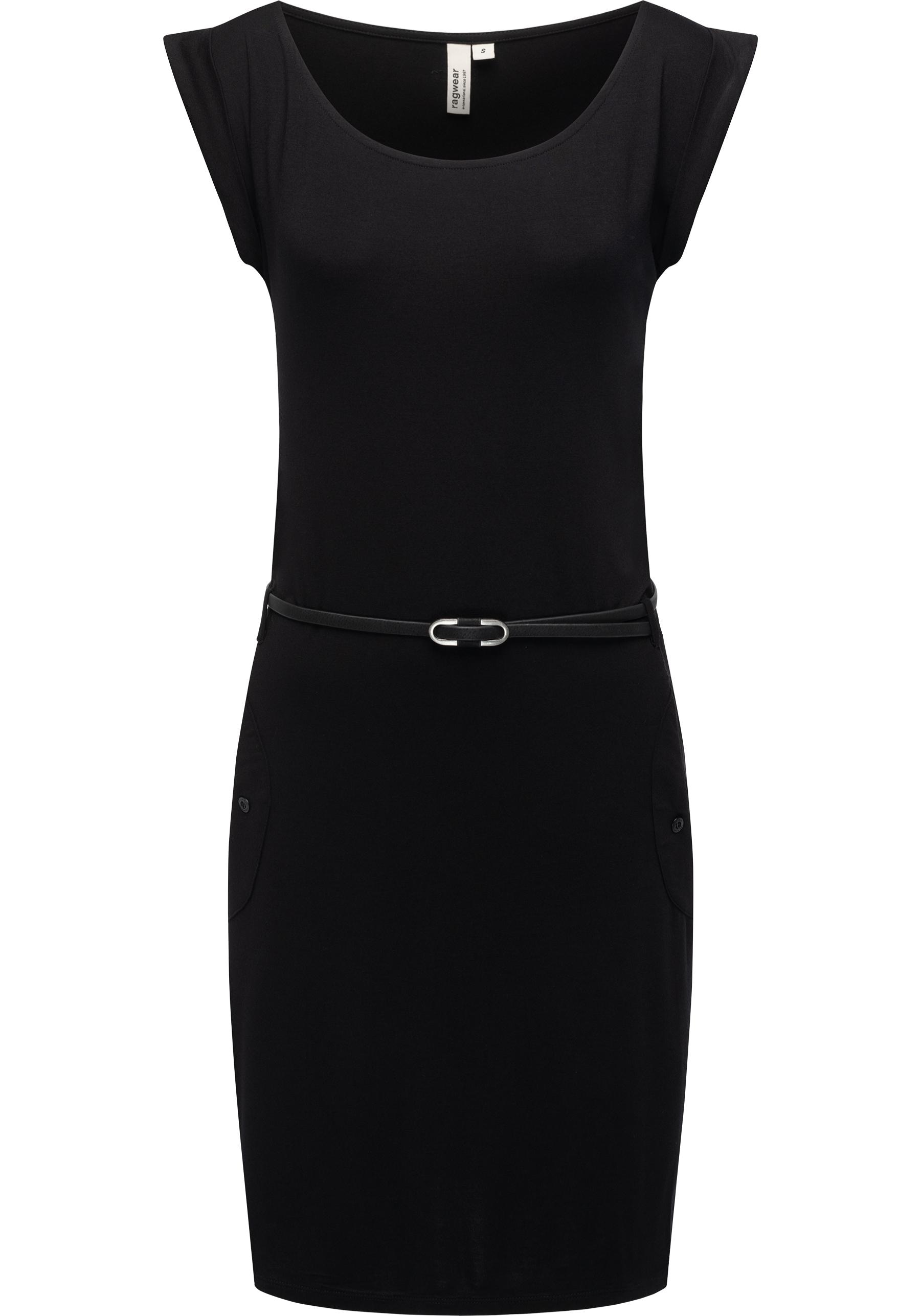 Sommerkleid RAGWEAR "Tagg", Damen, Gr. M (38), Normalgrößen, schwarz, Material: 95% Viskose, 5% Elasthan, figurumspielend ca. Mitte Oberschenkel, tiefer Rundhals, Ärmel ohne Ärmelschlitz, Kleider Sommerkleid, Damen Kurzarm-Kleid mit Taillengürtel...