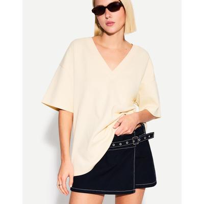 Bershka Heavy Cotton Short Sleeve V-Neck T-Shirt Women Xs Cream