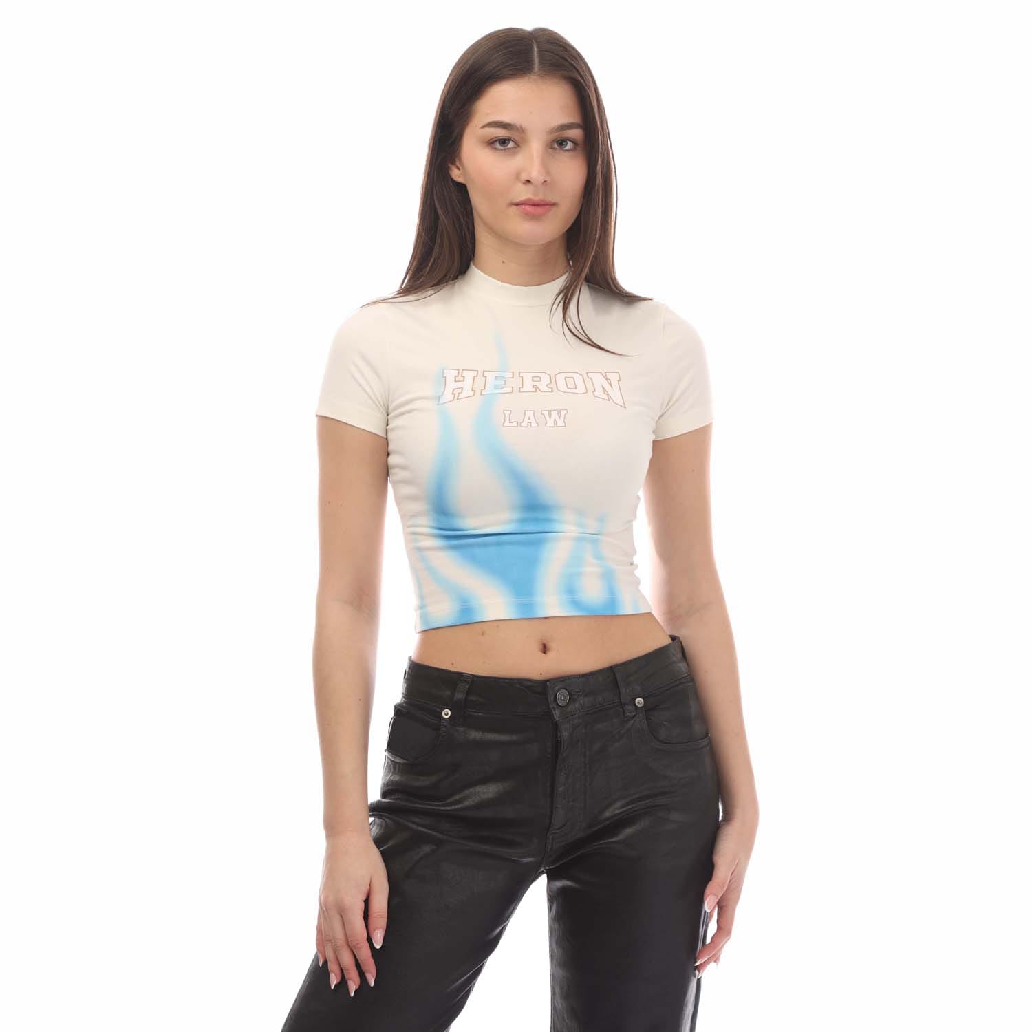 Heron Preston Womens Law Flames Baby T-shirt in White Blue Cotton - Size 6 UK | Heron Preston Sale | Discount Designer Brands