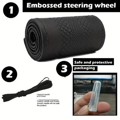 TEMU Universal Fit Leather Steering Wheel Cover With 3d , Anti-slip Breathable, Comfortable Grip, No - Black/black Red Image