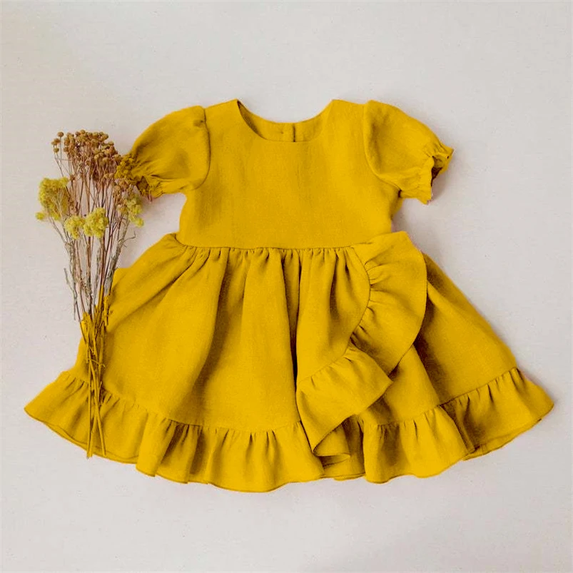 Kleinkind Mädchen Leinen Kleid Baby Mädchen Rüschen Prinzessin Kleid Kinder Party Kleider Kleinkind Mädchen Kurzarm Sommer Tutu Kleid Image