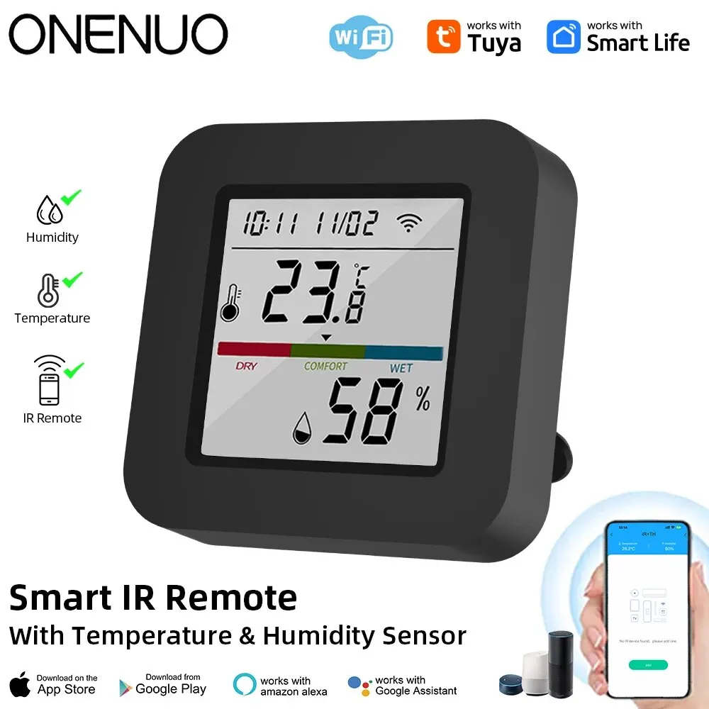 Onenuo tuya smart universal ir fernbedienung mit temperatur feuchtigkeit sensor für tv/klimaanlage arbeiten mit alexa google Image