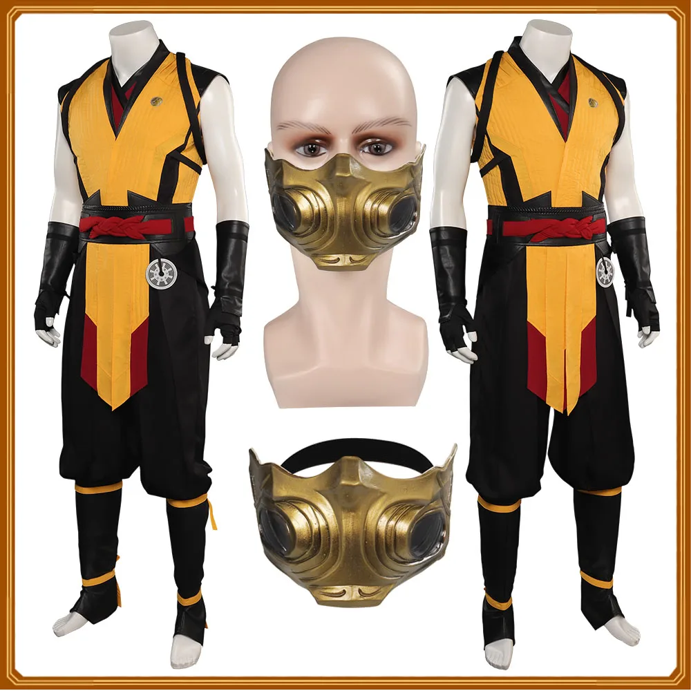 Skorpion Cosplay Mortal Disguise Kombat Kostüm Halloween Karneval Party Anzug Männer Fantasia Rolle Spielen Weste Hosen Gürtel Outfits Image
