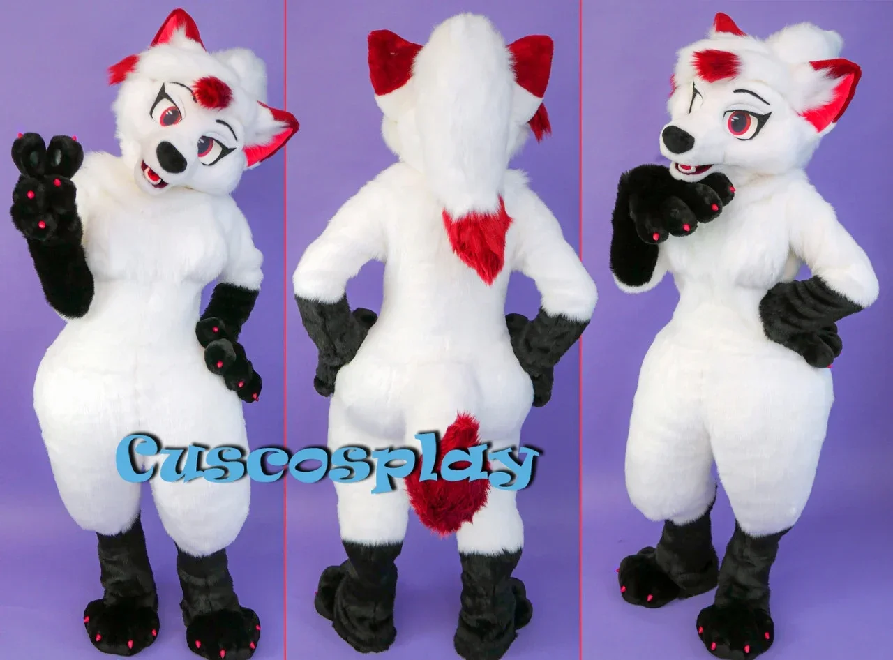 Weihnachten Weiß Rot Fell Fuchs Hund Husky Maskottchen Kostüm Pelzigen Anzug Fursuit Halloween Weihnachten Geburtstag Party Geschenk Image