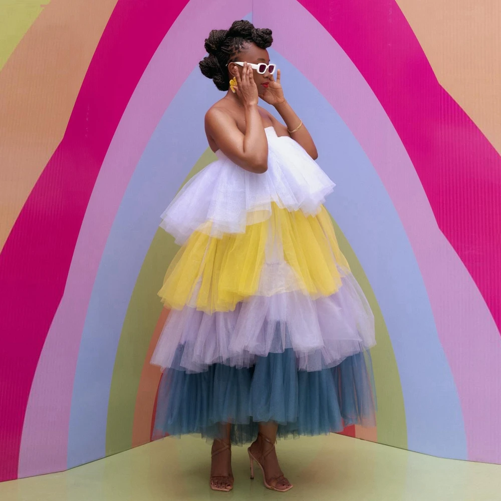 Charming Strapless Mesh Prom Dresses Puffy Ruffles Tiered Tulle Brithday Party Dress Mix Colors Mesh Long Women Summer Gowns Image