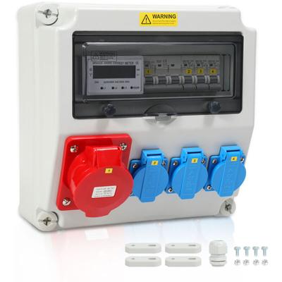 Wandverteiler mit Stromzähler 3-Phasen und MCB,5 Polig Baustromverteiler mit 3xSchuko-Steckdose und Image